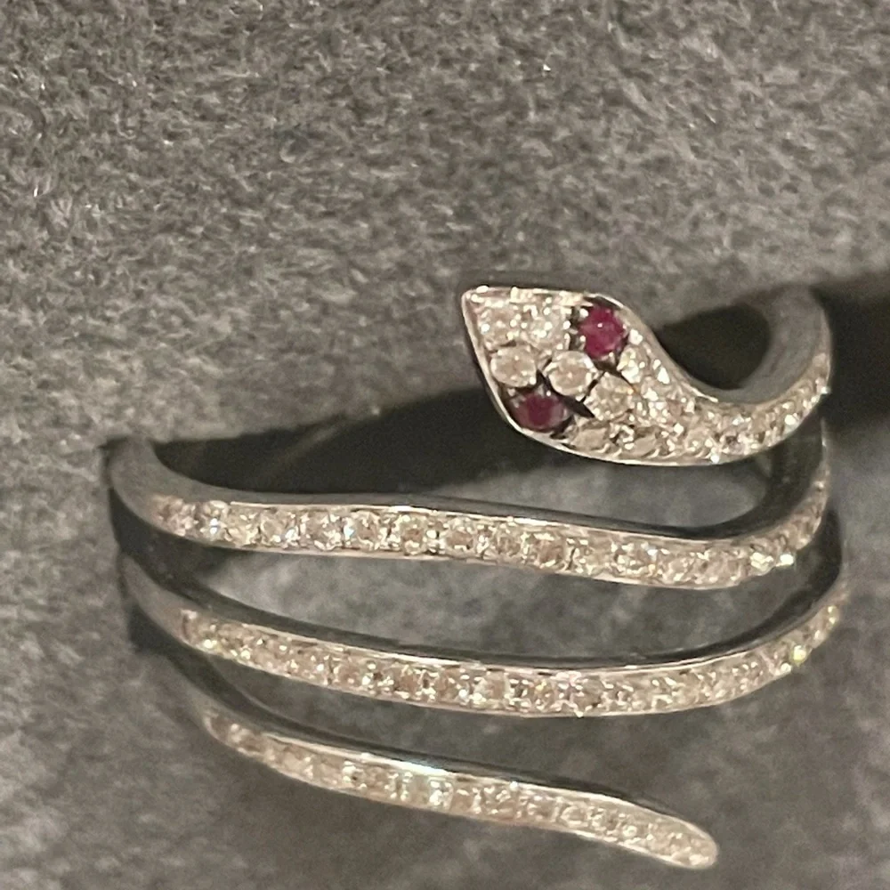 Anne Sisteron snake 14k white gold, .33 carats natural diamonds, .02 ruby size 6